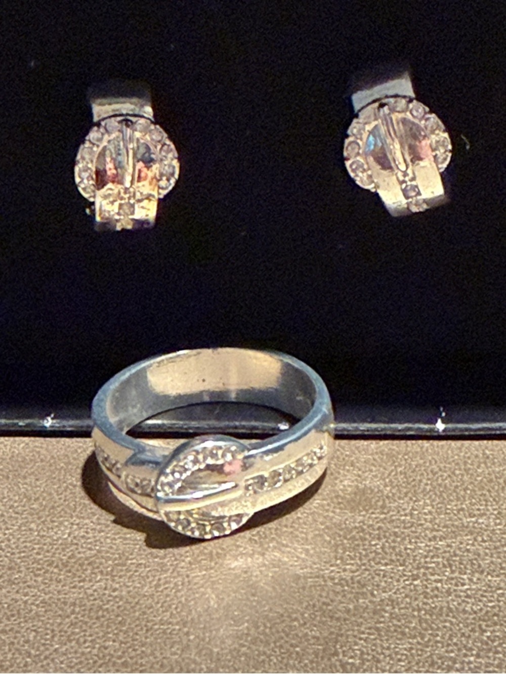 Sterling-Style Silver Crystal Buckle Accent Ring - Silver with matching earrings